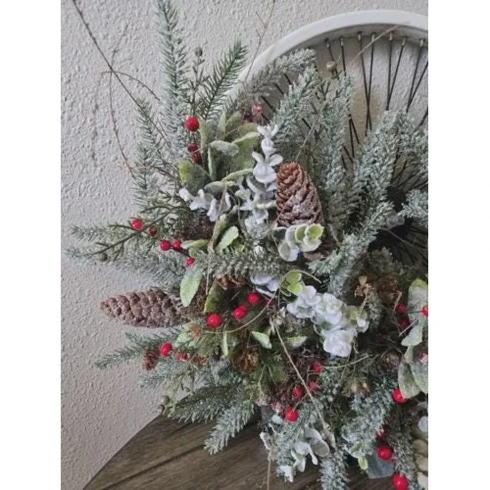 Vintage Bicycle Wheel Christmas Wreath Door Hanger Frosted Glitter Greenery